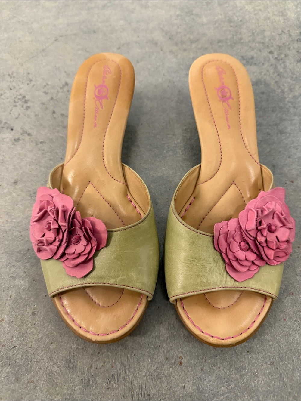 Born Green Slide Mules with Pink Floral Accent